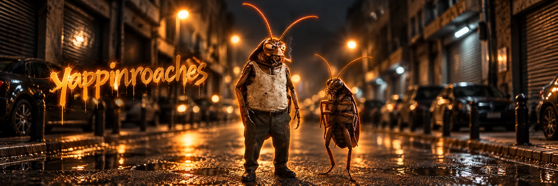 The official Yapping Roaches banner: two roaches standing in a wet city street