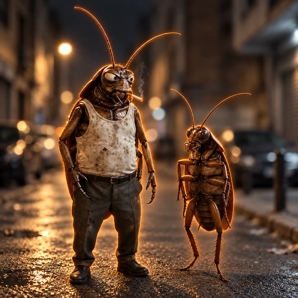Two very serious cockroaches in a warm-lit street